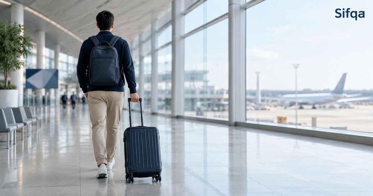 A traveller with a backpack pulling a suitcase through a bright airport terminal towards the gates.