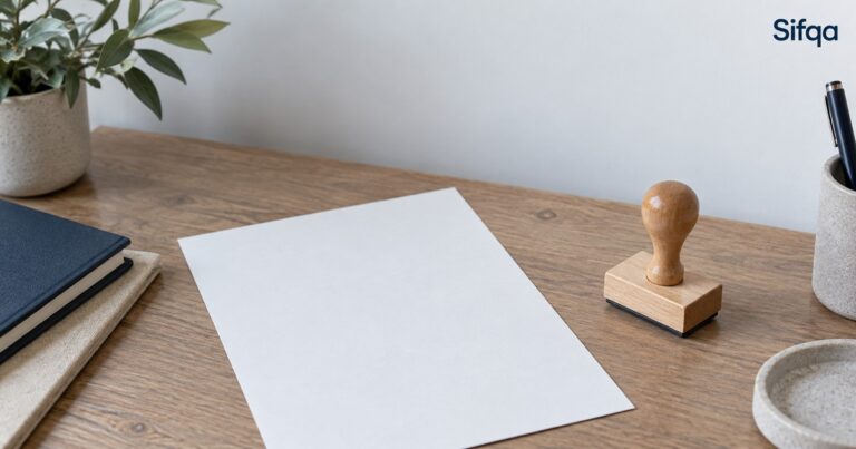 A blank sheet of paper on a wooden desk next to a wooden rubber stamp, notebooks and a pen pot.