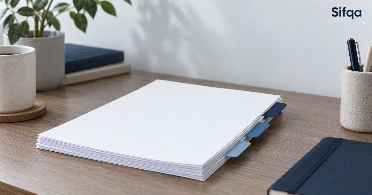 A neat stack of blank paper with blue tabbed dividers on a wooden desk, beside a mug and a notebook.