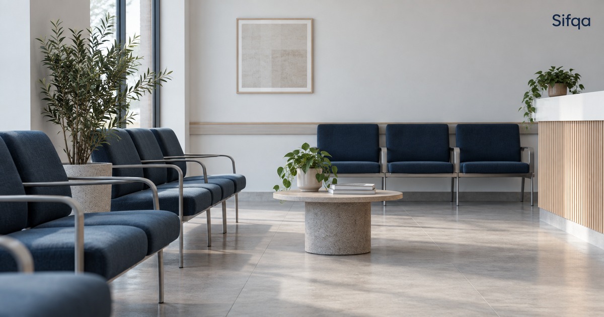 A quiet reception area with rows of blue seats, a low table and plants beside a wooden counter.