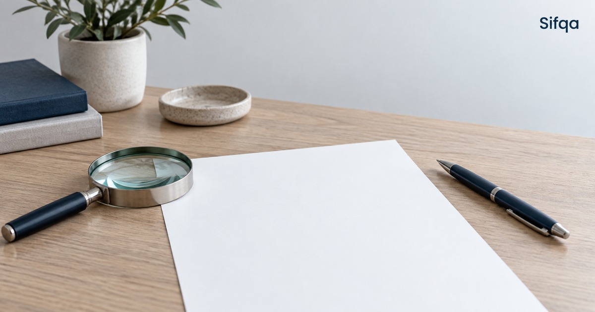 A magnifying glass and a pen lying either side of a blank sheet of paper on a wooden desk.