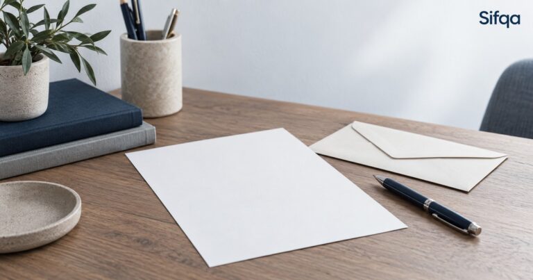 A blank sheet of paper on a wooden desk with a cream envelope, a pen, notebooks and a pen pot.