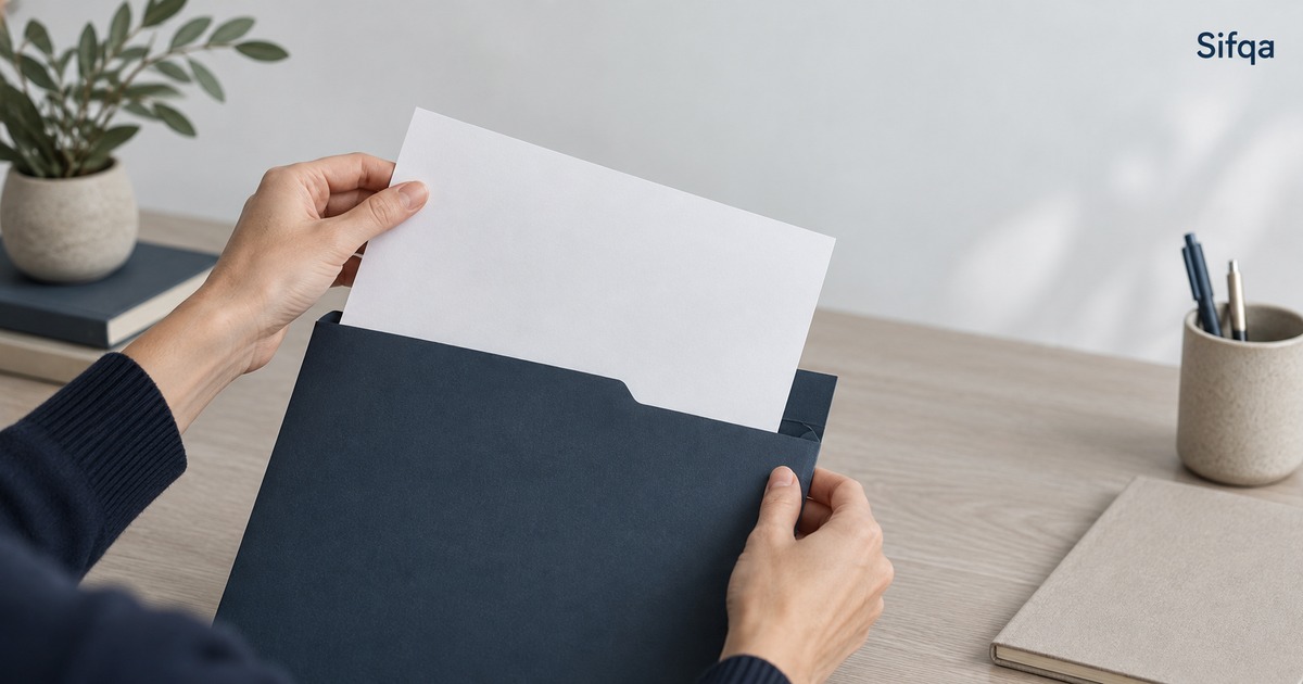 A person sliding a blank sheet of paper into a navy document folder at a desk.