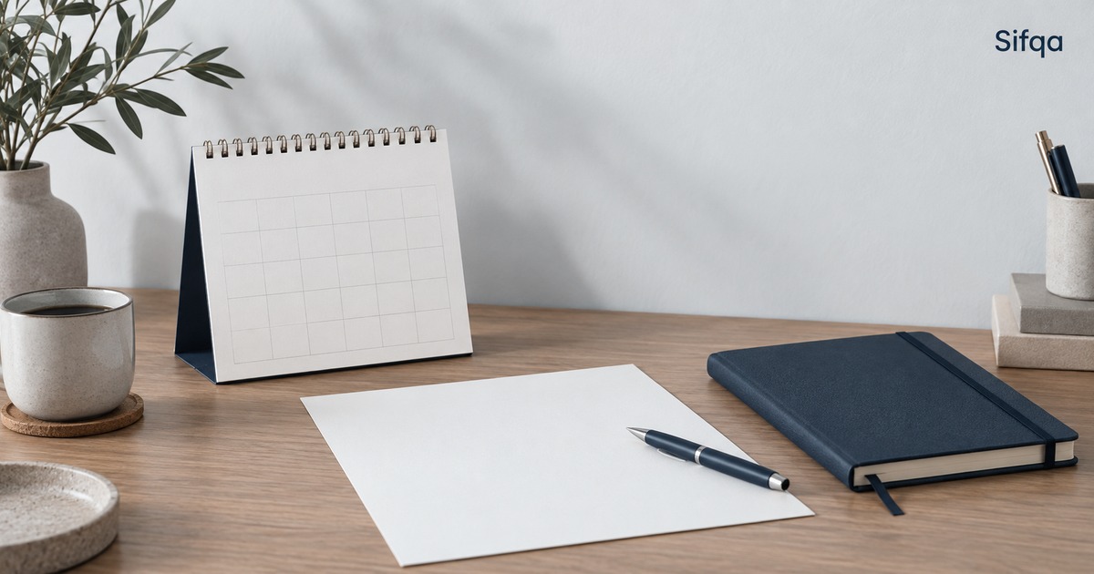 A blank sheet and pen on a wooden desk in front of a blank standing calendar, beside a notebook and mug.
