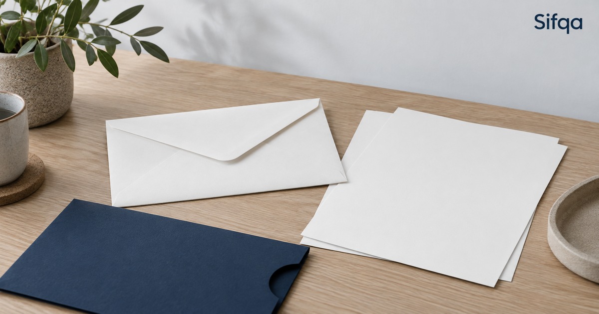 A sealed white envelope, two blank sheets and a navy document sleeve arranged on a wooden desk.