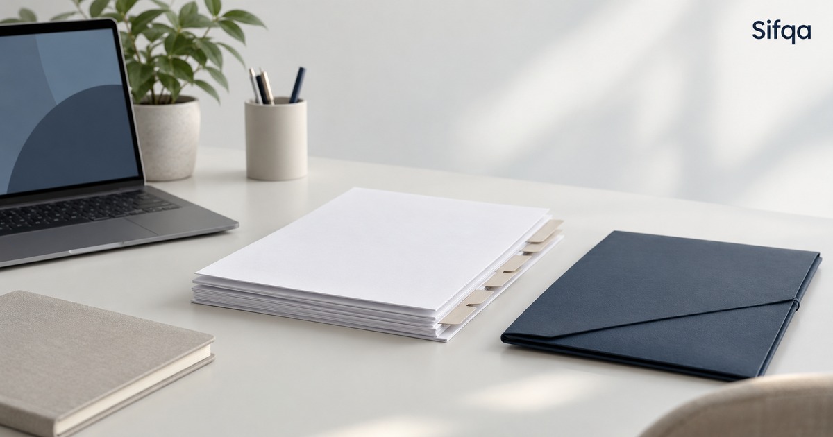 A stack of white papers with tabbed dividers on a pale desk, beside a laptop, a notebook and a navy document folder.