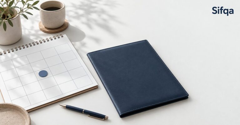 A navy document wallet and a blank calendar with one day marked, on a pale desk with a pen and coffee.