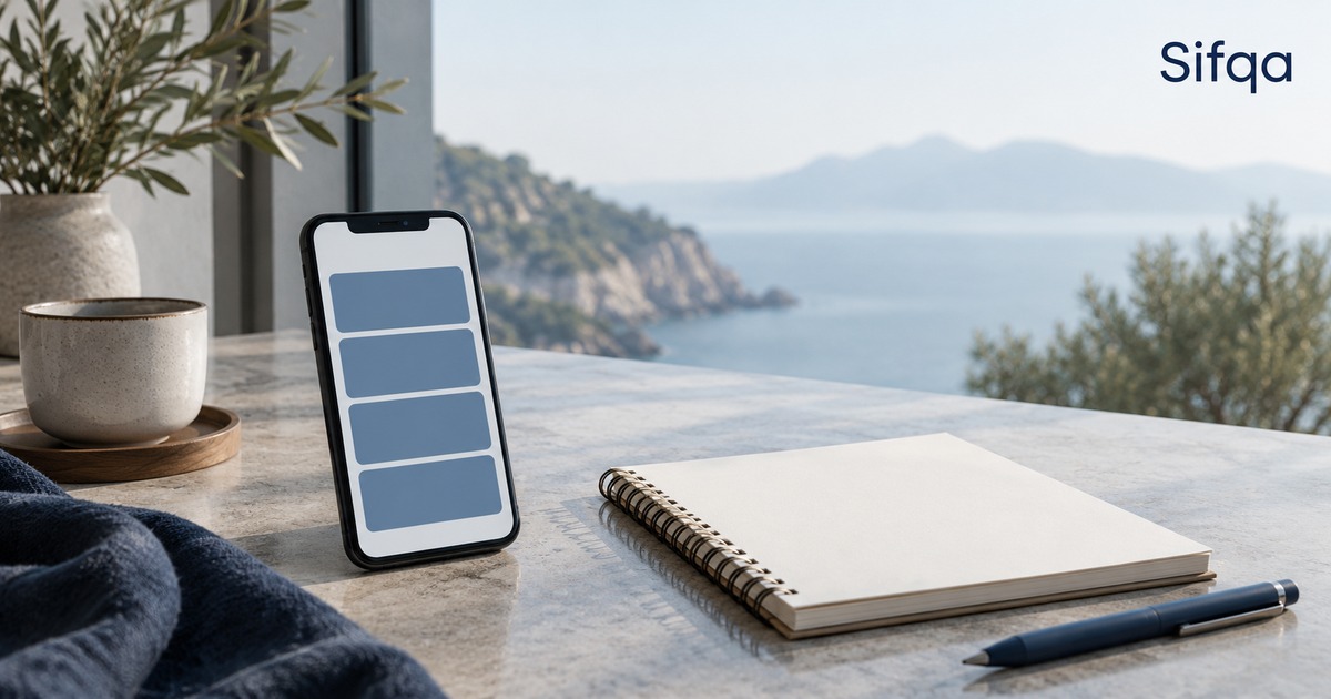 A phone showing four blank stacked panels, standing on a counter beside a notebook and a sea view.