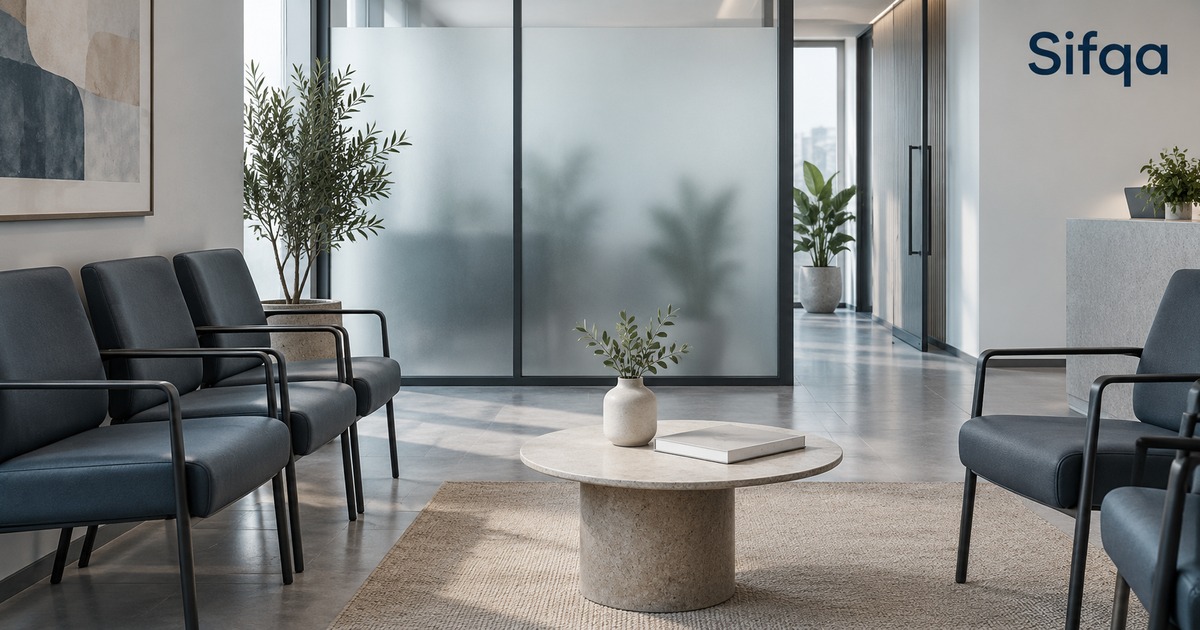 An empty waiting area with dark grey chairs, a round table and plants beside frosted glass walls.