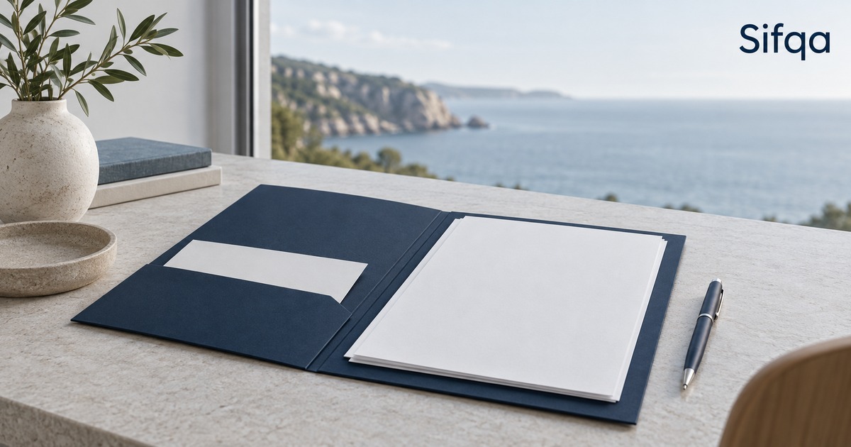 An open navy folder holding blank pages on a pale counter, with a pen and a sea view behind.