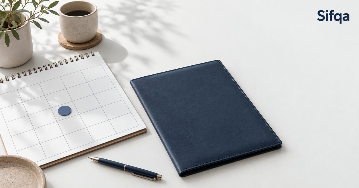 A navy document wallet and a blank calendar with one day marked, on a pale desk with a pen and coffee.