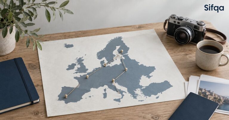 A paper map of Europe on a wooden table with pins and string marking a route between several countries.