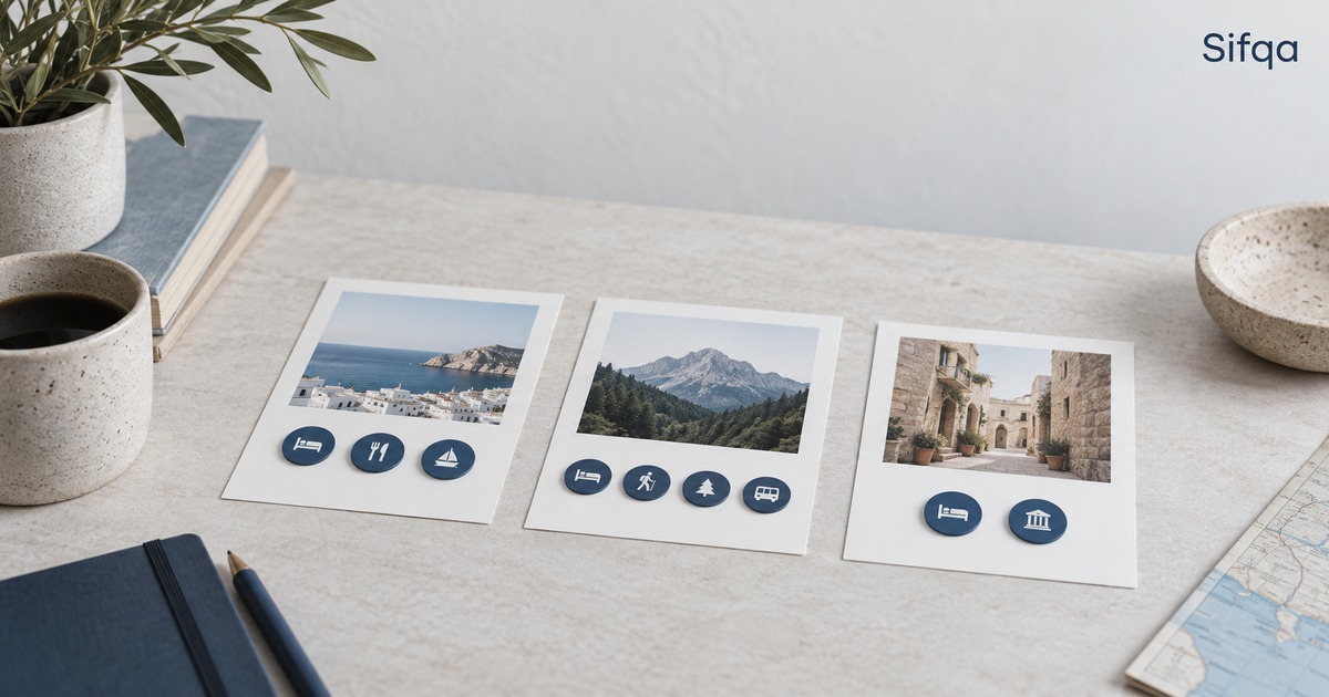 Three photo cards showing a coast, mountains and an old town, each marked with small blue activity icons.