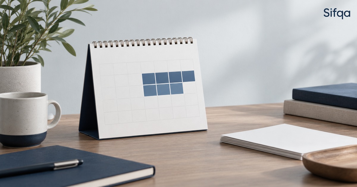 A blank desk calendar with a block of days shaded blue, beside a mug, notebooks and loose paper.