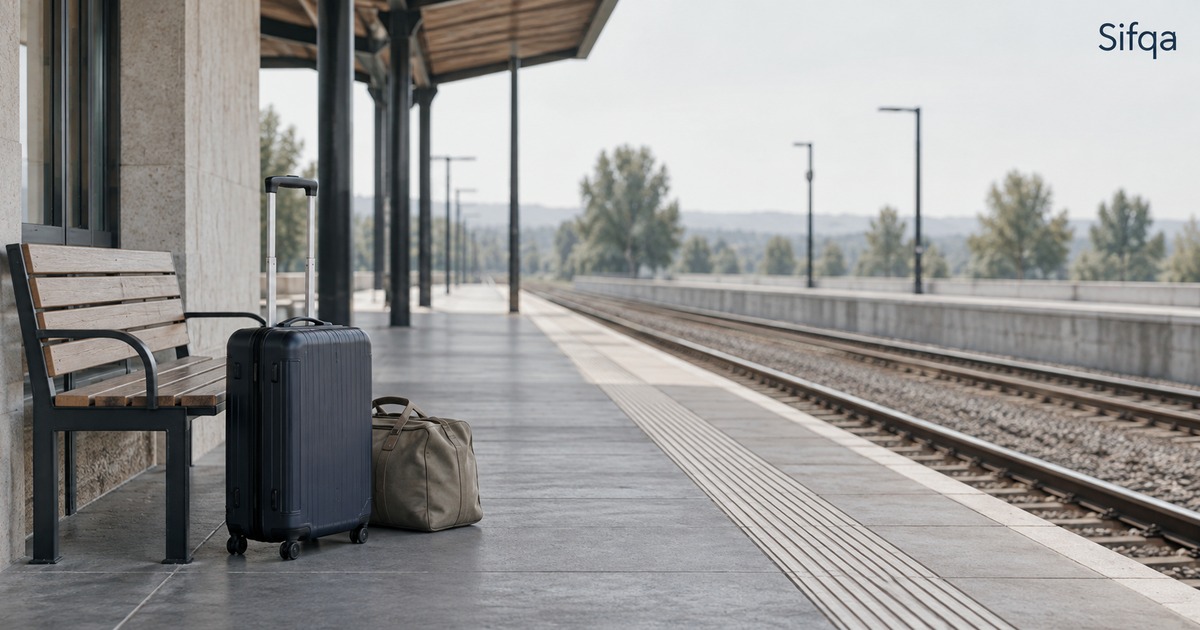 A suitcase and holdall standing beside a bench on an empty railway platform.