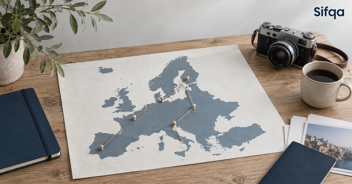 A paper map of Europe on a wooden table with pins and string marking a route between several countries.